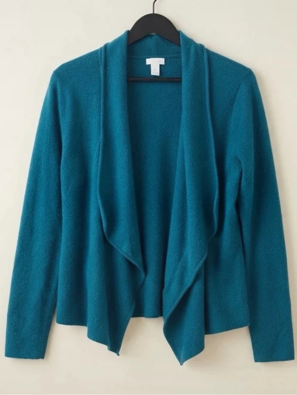 Chico’s Size 1 100% Wool Teal Waterfall Open Front Cardigan Sweater